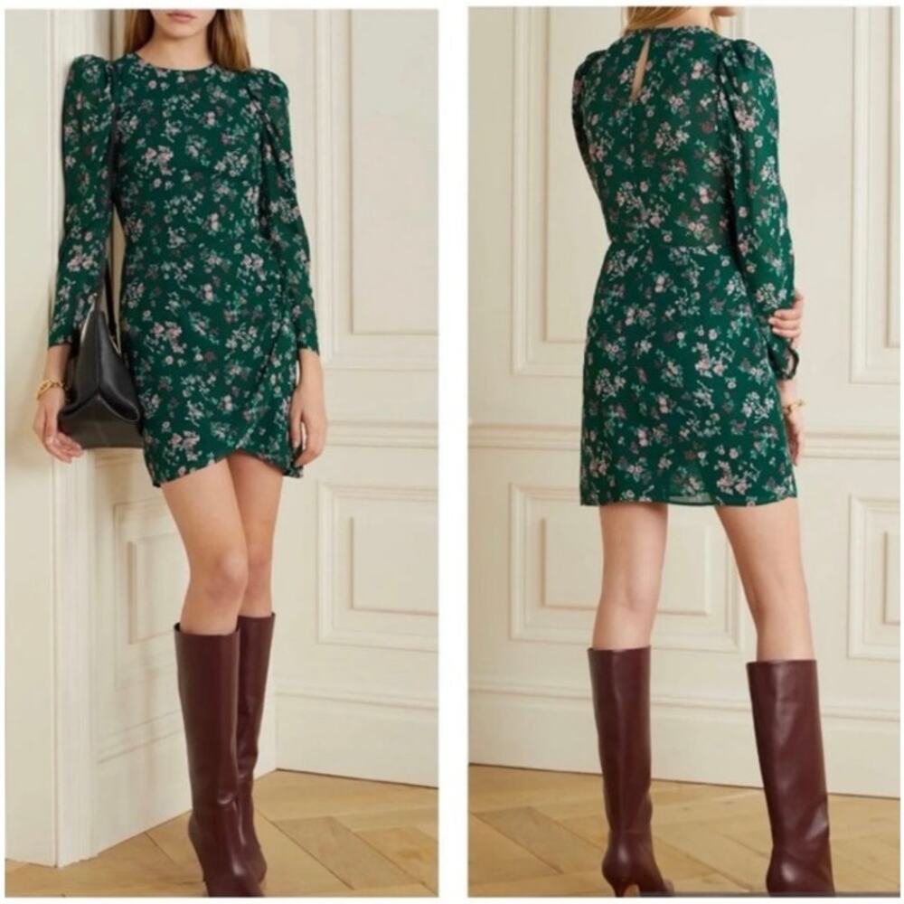 Reformation Dress Size 4 Juni Floral Long Sleeve Green Mini Emilia NEW